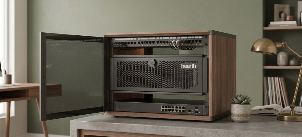 Hearth local AI server in a wood and glass home enclosure on a countertop, warm modern room with lamp and books nearby