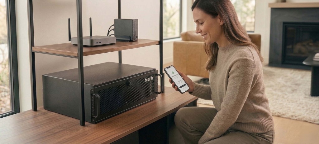 Woman in a living room using Kin on her phone next to Hearth hardware on a wooden shelf, soft daylight and sofa in the background