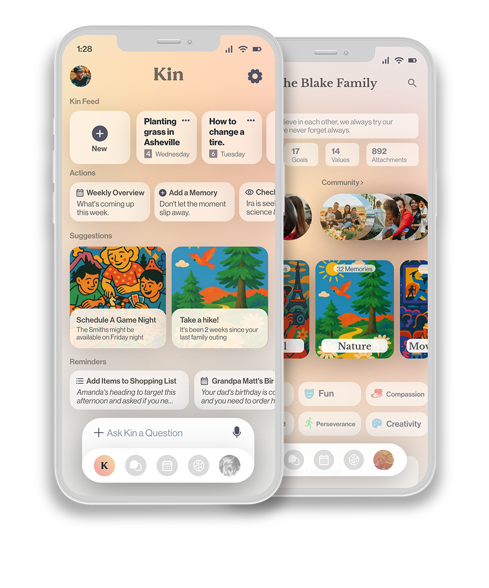 Kin app on two iPhones: main feed and family profile